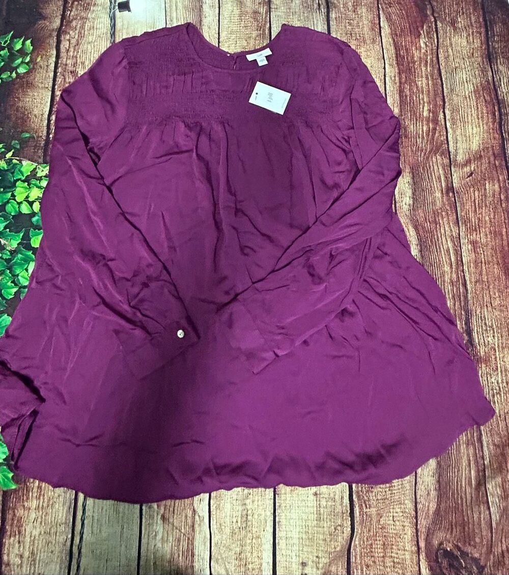 NWT J. Jill Satin Smocked A line Top In Pink Saphire Size L